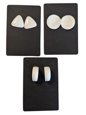 Vintage Retro Summer White Stud Pierced Earring Trio Shell & Geometric Designs